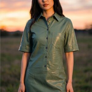 Authentic Mango Sage Green Leather-Look Button Dress